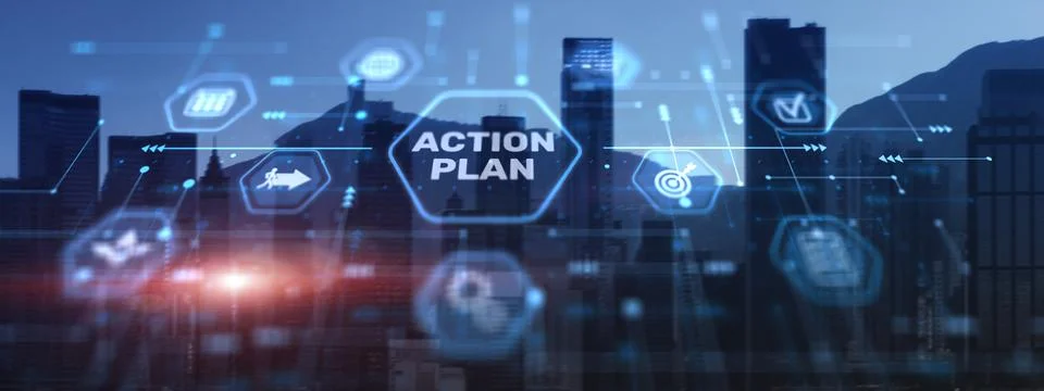 Action plan on city background. Algorithm and strategy development business Stock Photos