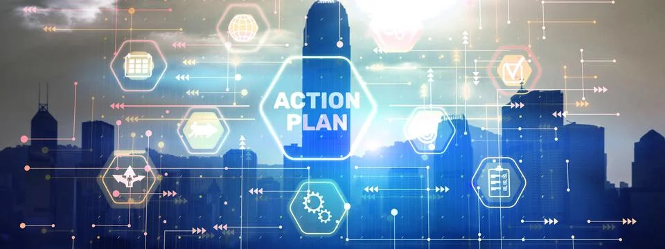 Action plan on city background. Algorithm and strategy development business Stock Photos