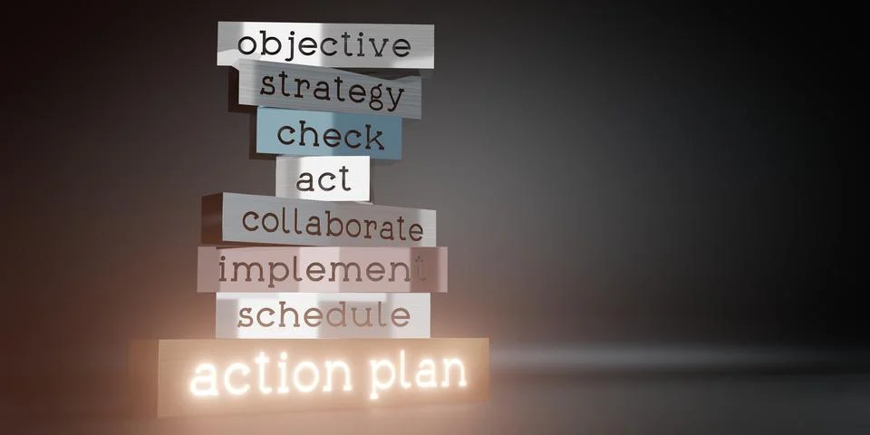 Action plan concept - block shapes and glow effect - 3D illustration Stock Illustration