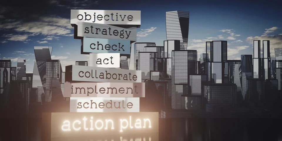 Action plan concept - block shapes and skyscrapers - 3D illustration Stock Illustration