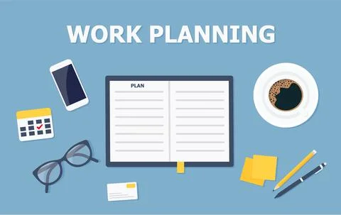 Action plan concept illustration. Work planning, top view of a desk with a no Stock Illustration