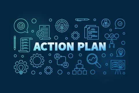 Action Plan horizontal blue outline banner on dark background Ilustración de archivo