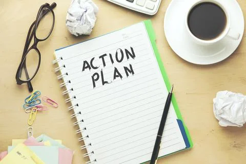 Action plan text written on notebook Stock Photos