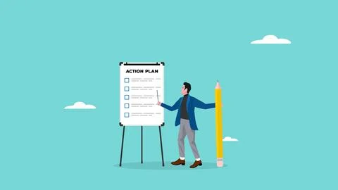 Action plan vector illustration, businessman who is writing business plans .. Stock Illustration