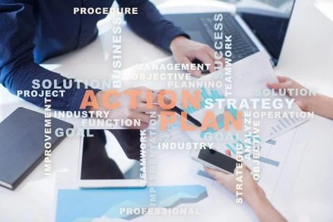 Action plan on the virtual screen. Business concept. Words cloud. Stock Illustration