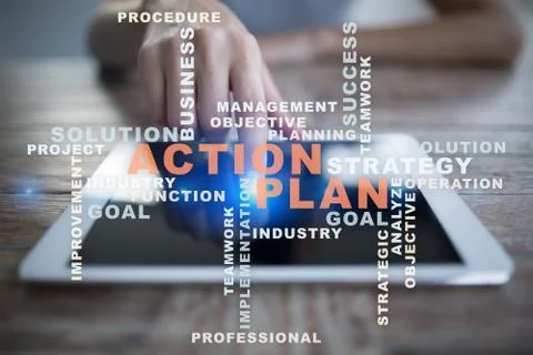 Action plan on the virtual screen. Business concept. Words cloud. Stock Illustration