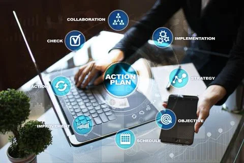 Action plan on the virtual screen. Planning concept. Business strategy. Stock Photos