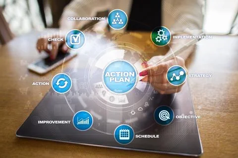 Action plan on the virtual screen. Planning concept. Business strategy 스톡 사진