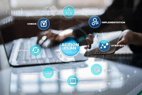 Action plan on the virtual screen. Planning concept. Business strategy. Fotos Stock