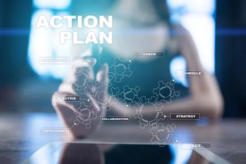 Action plan on the virtual screen. Planning concept. Business strategy. Fotos Stock