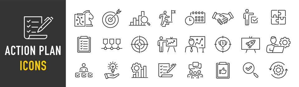 Action plan web icon set in line style. Schedule, plan, implementation, str.. Stock Illustration