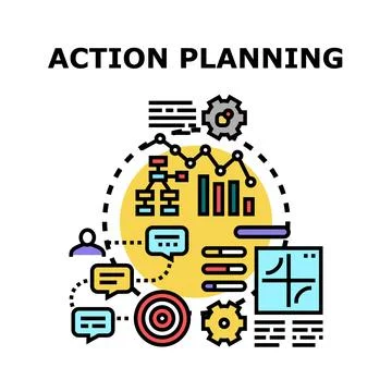 Action planning process developing strategy analyzing data achieving goals Stock Illustration