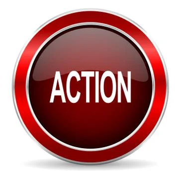 Action red circle glossy web icon, round button with metallic border Stock Illustration