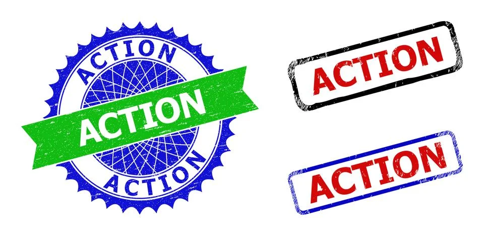 ACTION Rosette and Rectangle Bicolor Stamp Seals with Unclean Textures Stock Illustration