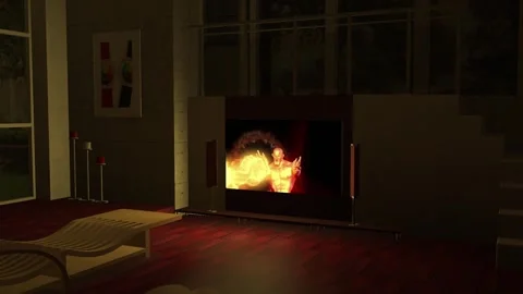 Action scene playing on large television in modern minimalist living room Stock Footage 322807373