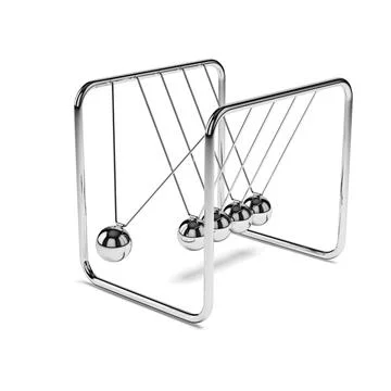 Action sequrence concept background Newtons cradle executive toy isolated on Illustrazione stock