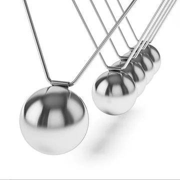 Action sequrence concept background Newtons cradle executive toy isolated on Illustrazione stock