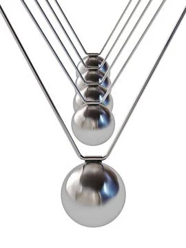 Action sequrence concept background Newtons cradle executive toy isolated on Illustrazione stock