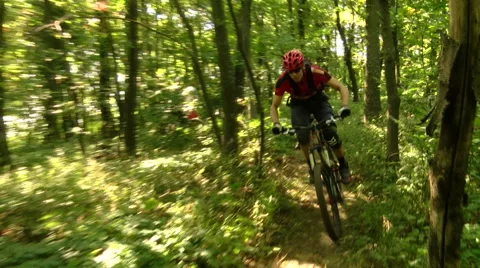 Action shot of two pro downhill cyclists passing by in the woods Stock Footage 55902838