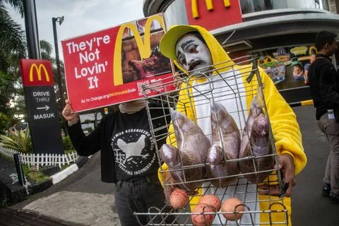  ACTION URGES COMMITMENT TO CAGE-FREE LAYER FARMS Activists who are member... Stock Photos