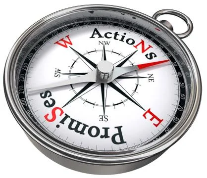 Action vs promises concept compass Illustrazione stock