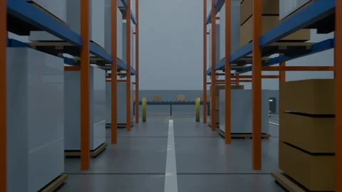 Activating automation sending small AGVs along centerline in warehouse aisle, Stock Footage 339193849