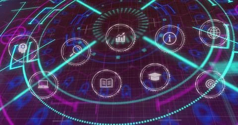 Activating central HUD by incoming data feed, pulsing on dark purple grid with イラスト素材