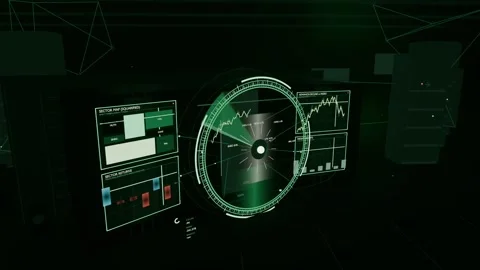 Activating central radar ring rotating sweep across control bay, updating sector Stock Footage 341889657