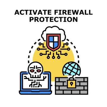 Activating firewall protection securing digital network cloud Stock Illustration