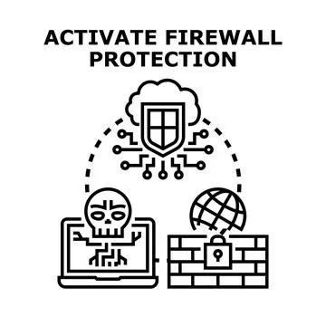 Activating firewall protection securing digital network cloud Stock Illustration