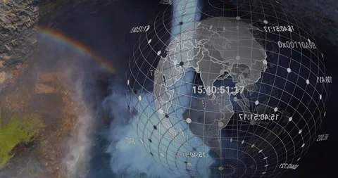 Activating globe visualizing over waterfall rainbow forming rotating grid and Vídeo Stock 313756731