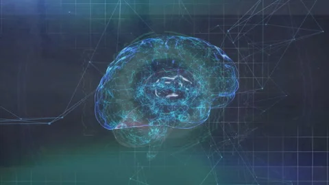 Activating grid triggers holographic brain rotating amid electric arcs to 스톡 동영상 314174643