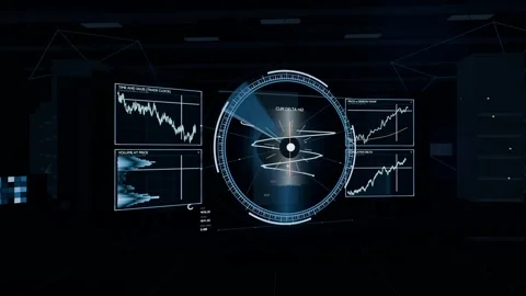Activating holographic dial sweeping wedge and pulsing disc in control room, Stock Footage 341865067