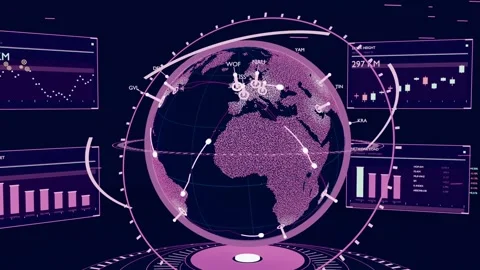 Activating HUD, holo globe rotating, pulsing nodes tracing arcs for network Stock Footage 341865025