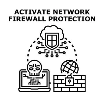 Activating network firewall protection securing data Stock Illustration