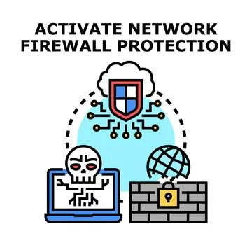 Activating network firewall protection securing data Stock Illustration