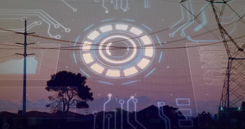 On activation, circular HUD rotating and scanning poles and towers during camera Stock Footage 311050565