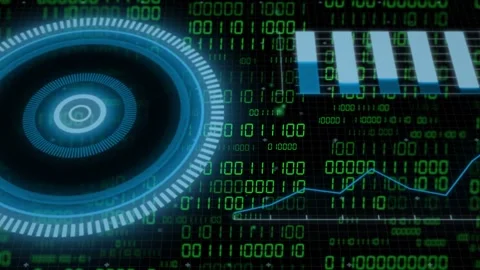 On activation circular HUD rotating and pulsing while binary matrix scrolling, Stock Footage 335761717