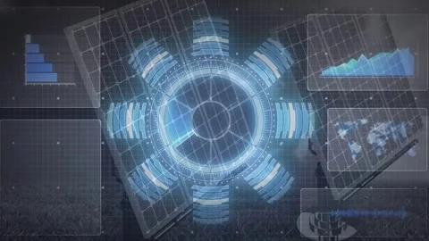 On activation holo ring rotating and scanning, pulsing charts over PV array 動画素材 331833493