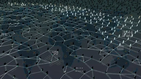 Activation pulse spawning humanoid icons and expanding global network mesh, Stock Footage 341866727