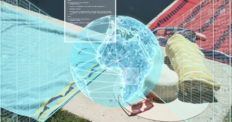 On activation rotating 3D globe emerging over pool pulsing streams panels Stock Footage 317183639
