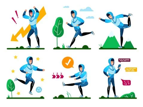 Active and Healthy Man Flat Vector Characters Set Stock Illustration