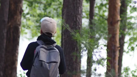 Active boy in a hat with a backpack stands in a summer pine forest Stock Footage 274879790