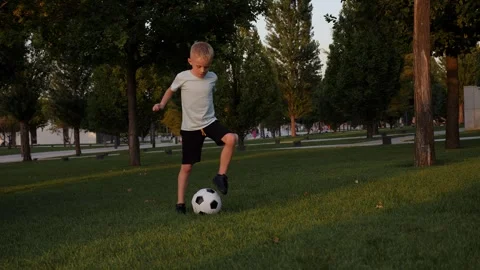 An active boy trains in a city park with a soccer ball in the summer at sunset. Stock Footage 315093860