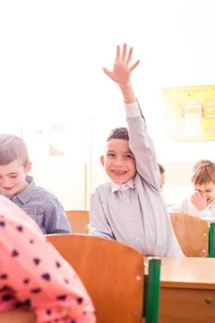 Active boy wants to give an answer Stock Photos