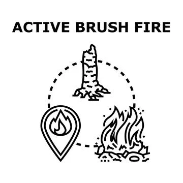 Active brush fire concept with burnt tree and map pin Stock Illustration
