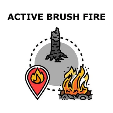 Active brush fire concept with burnt tree and map pin Stock Illustration