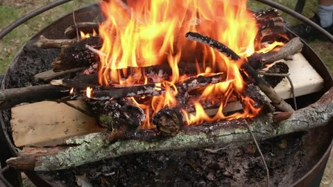 Active Campfire Burning in Metal Fire Pit Stock Footage 337188426