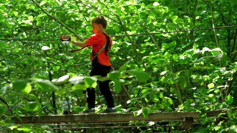 Active child at adventure park, learns to overcome obstacles and win the fear Stock Footage 305141928