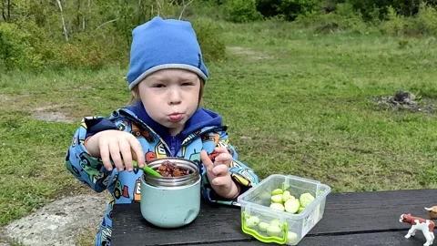 An active child eats organic food from a thermos in nature Stock Footage 239921928